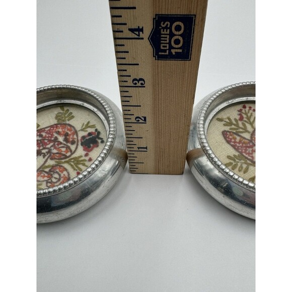 Vintage Embroidered Coasters Mushrooms Decorative Silver Tone Metal Set Of 2 HK - Picture 9 of 11